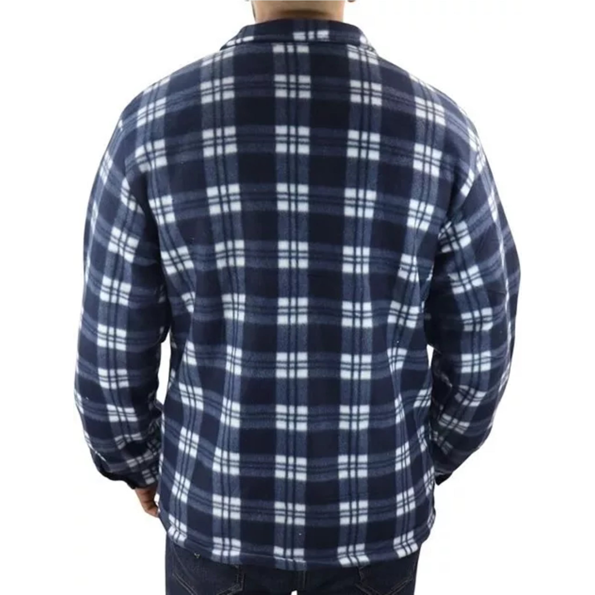 Men's zipped check fleece shirt in navy and white plaid pattern, warm long sleeve overshirt with chest pockets